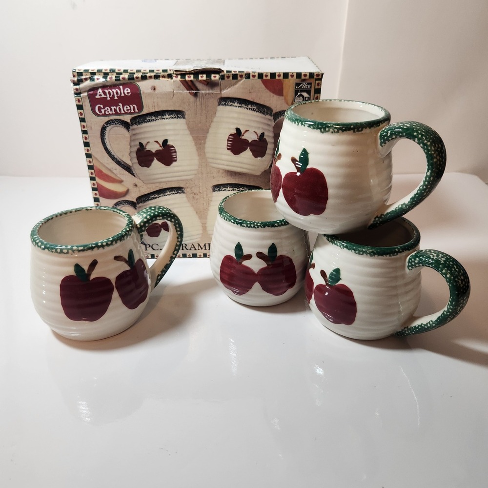 Alco Industries Apple Garden Ceramic Mug Set 4pc Red Apple Green Speckled